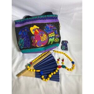 Laurel Burch Tote with a Hand Fan, Necklace and Earrings, all Pre-owned